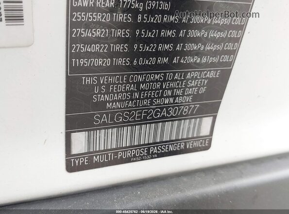 SALGS2EF2GA307877 2016 LAND ROVER RANGE ROVER White ძრავის განყოფილების ხედი