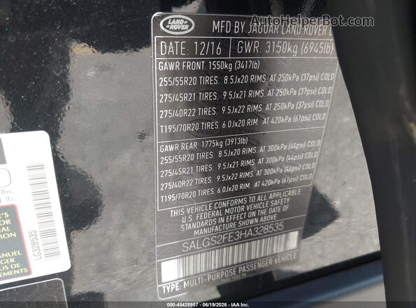 SALGS2FE3HA328535 2017 LAND ROVER RANGE ROVER Black Engine compartment view