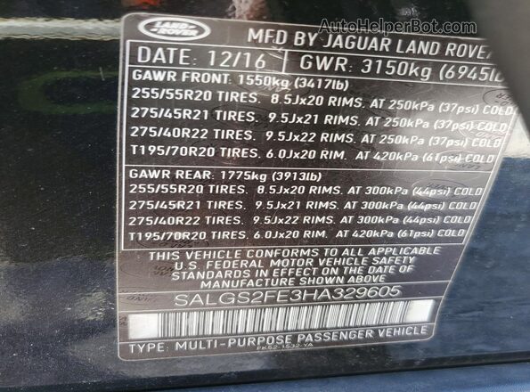 SALGS2FE3HA329605 2017 LAND ROVER RANGE Black 