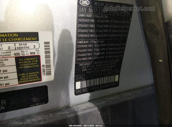 SALGS2FEXHA360138 2017 LAND ROVER RANGE ROVER Silver Շարժիչի բաժամունքի տեսք