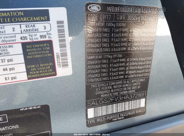 SALGS2FV3HA372891 2017 LAND ROVER RANGE ROVER Gray Widok komory silnika