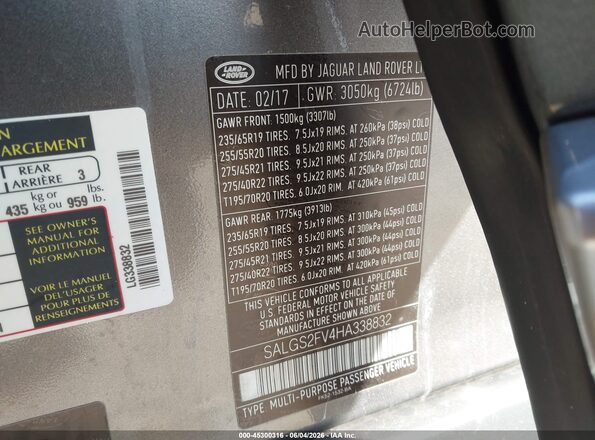 SALGS2FV4HA338832 2017 LAND ROVER RANGE ROVER Gray Widok komory silnika