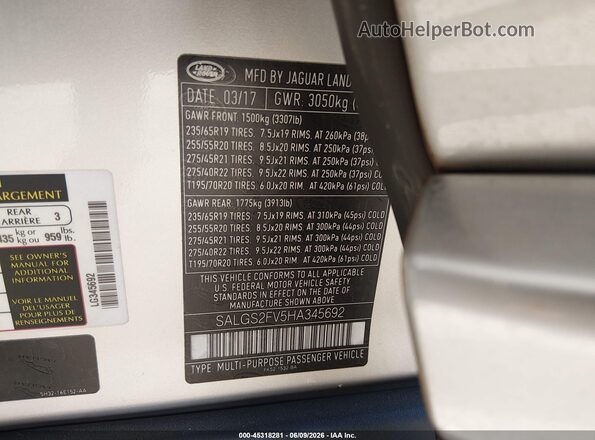 SALGS2FV5HA345692 2017 LAND ROVER RANGE ROVER Silver ძრავის განყოფილების ხედი