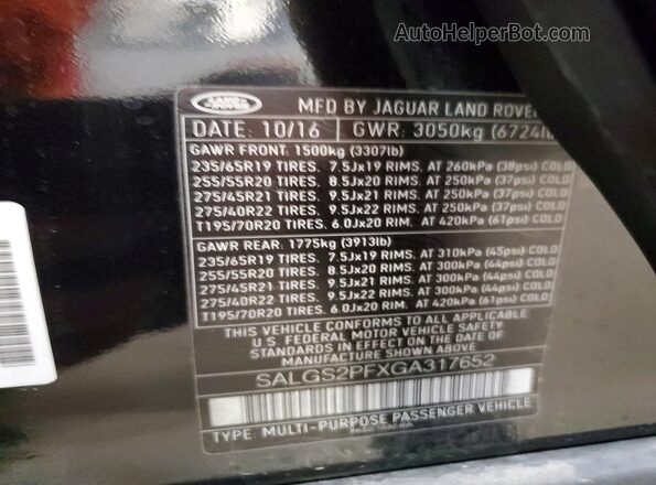 SALGS2PFXGA317652 2016 LAND ROVER RANGE Black VIN կոդի պիտակի տեսք