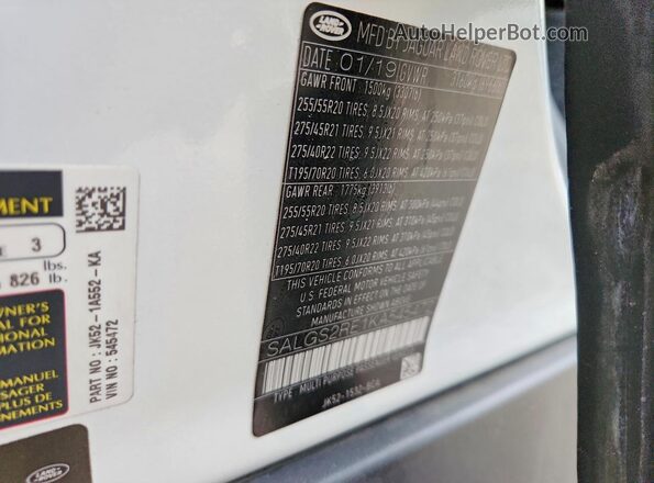 SALGS2RE1KA545472 2019 LAND ROVER RANGE White VIN კოდის სტიკერის ხედი