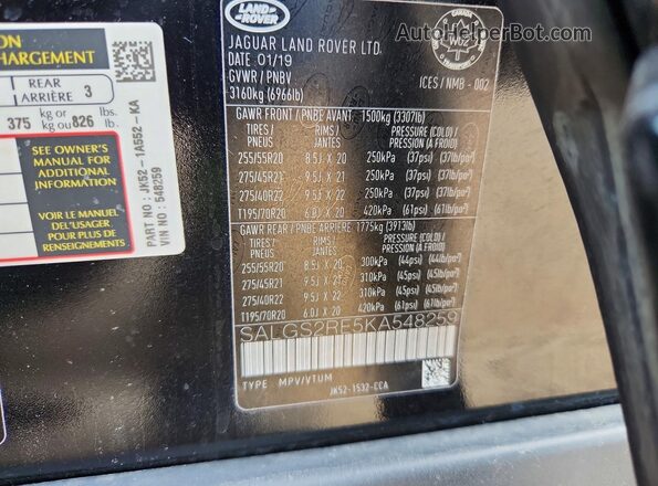SALGS2RE5KA548259 2019 LAND ROVER RANGE Black Widok naklejki z numerem VIN
