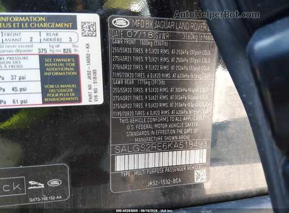 SALGS2RE6KA518493 2019 LAND ROVER RANGE ROVER Black ძრავის განყოფილების ხედი