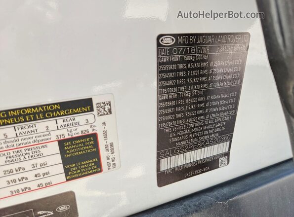 SALGS2RE8KA520360 2019 LAND ROVER RANGE White VIN կոդի պիտակի տեսք