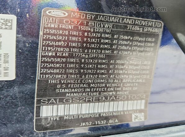 SALGS2RE9JA501024 2018 LAND ROVER RANGE Blue Widok wnętrza 360 stopni