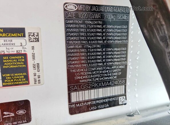 SALGS2RKXMA424058 2021 LAND ROVER RANGE White 