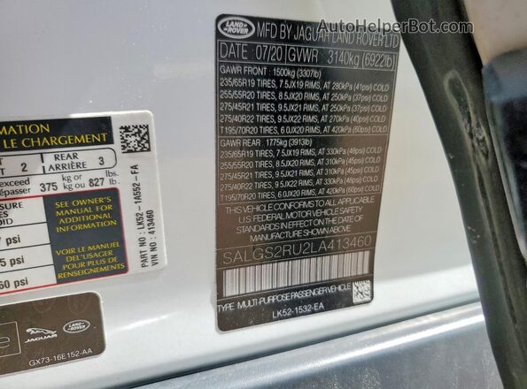 SALGS2RU2LA413460 2020 LAND ROVER RANGE White Engine compartment view