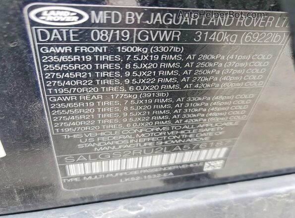 SALGS2RU2LA576187 2020 LAND ROVER RANGE Black Widok naklejki z numerem VIN