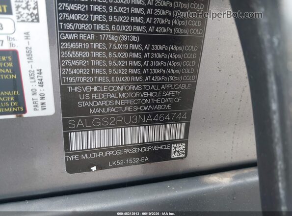 SALGS2RU3NA464744 2022 LAND ROVER RANGE ROVER Gray Engine compartment view