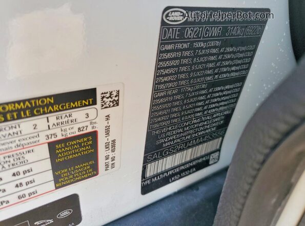 SALGS2RU4MA453556 2021 LAND ROVER RANGE White 