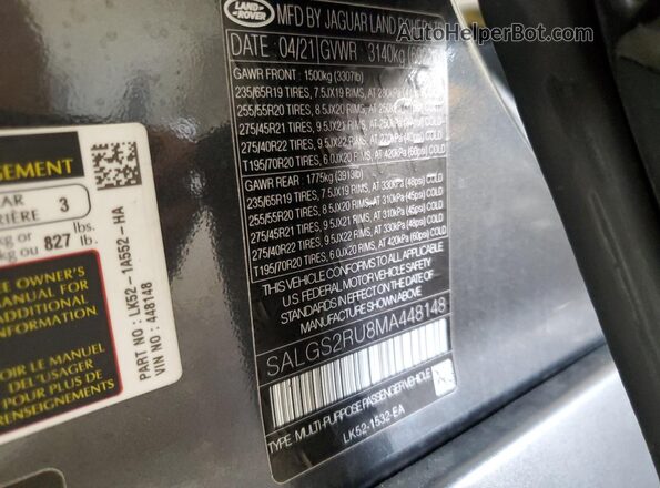 SALGS2RU8MA448148 2021 LAND ROVER RANGE Gray Widok naklejki z numerem VIN