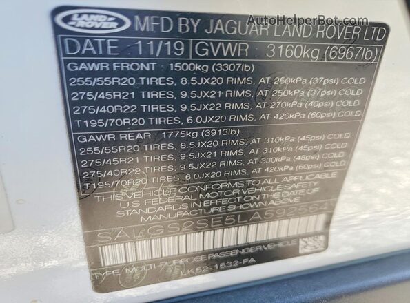 SALGS2SE5LA592564 2020 LAND ROVER RANGE White Вид наклейки з VIN-кодом