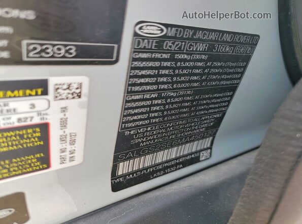 SALGS2SE6MA450127 2021 LAND ROVER RANGE White Vista de la etiqueta del VIN