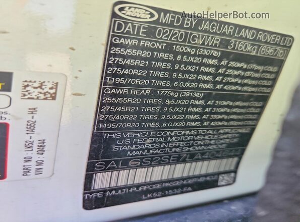SALGS2SE7LA404644 2020 LAND ROVER RANGE White 