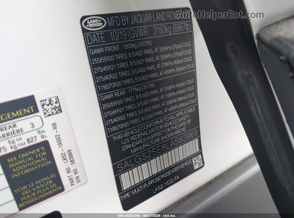 SALGS2SE8LA583969 2020 LAND ROVER RANGE ROVER White 