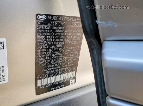 SALGS2SV3KA539716 2019 LAND ROVER RANGE Tan VIN sticker view