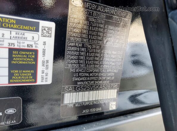 SALGS2SV5KA528796 2019 LAND ROVER RANGE Black Vista de la etiqueta del VIN