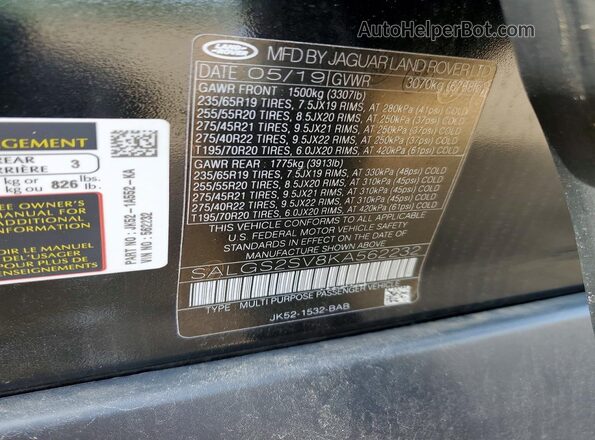 SALGS2SV8KA562232 2019 LAND ROVER RANGE Black 