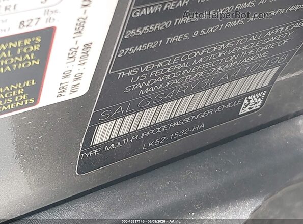 SALGS4RY3LA410498 2020 LAND ROVER RANGE ROVER Gray ძრავის განყოფილების ხედი