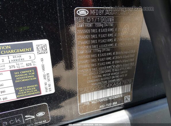 SALGS5RE4KA547878 2019 LAND ROVER RANGE ROVER Black Vista del compartimento del motor