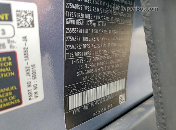 SALGV2RE1KA550016 2019 LAND ROVER RANGE Blue VIN კოდის სტიკერის ხედი