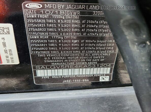 SALGV5RE4KA531204 2019 LAND ROVER RANGE Black 