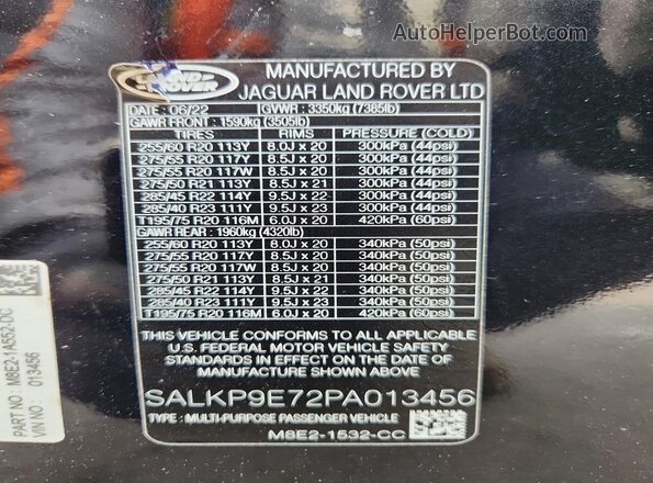 SALKP9E72PA013456 2023 LAND ROVER RANGE Black Widok naklejki z numerem VIN