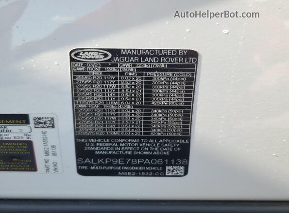 SALKP9E78PA061138 2023 LAND ROVER RANGE White 