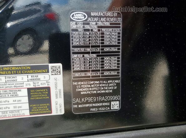 SALKP9E91RA209960 2024 LAND ROVER RANGE Black Vista de la etiqueta del VIN