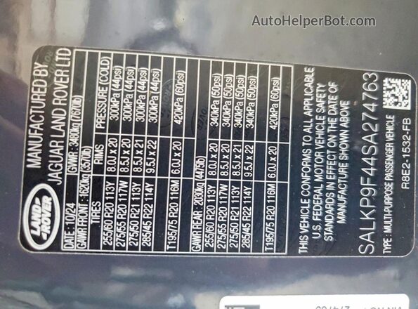 SALKP9F44SA274763 2025 LAND ROVER RANGE Gray VIN sticker view
