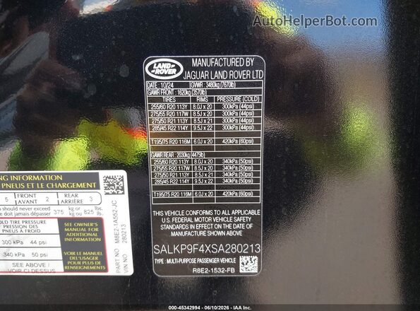 SALKP9F4XSA280213 2025 LAND ROVER RANGE ROVER Black Widok komory silnika