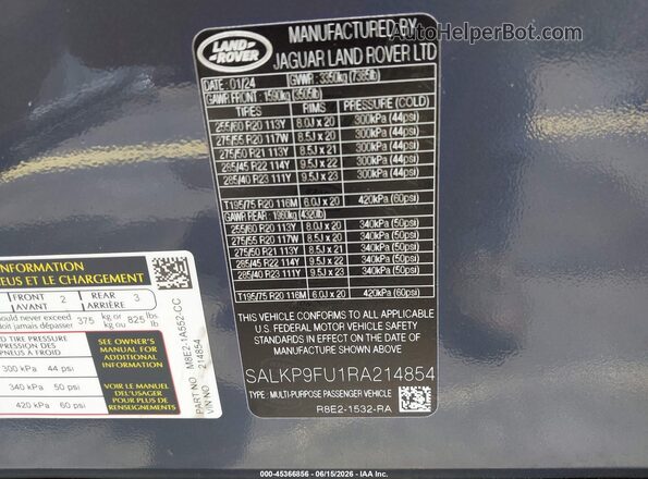 SALKP9FU1RA214854 2024 LAND ROVER RANGE ROVER Серый Вид подкапотного пространства