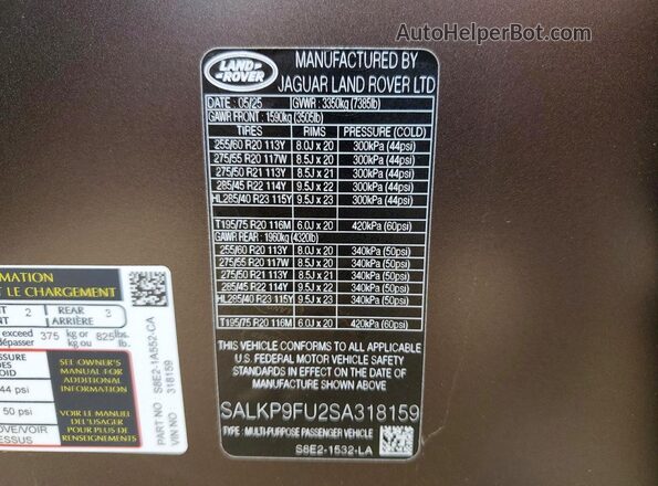 SALKP9FU2SA318159 2025 LAND ROVER RANGE Charcoal Vista de la etiqueta del VIN