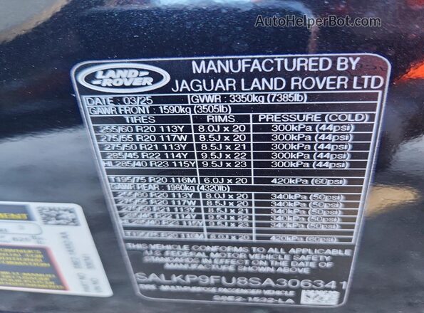 SALKP9FU8SA306341 2025 LAND ROVER RANGE Черный Вид наклейки с VIN-кодом