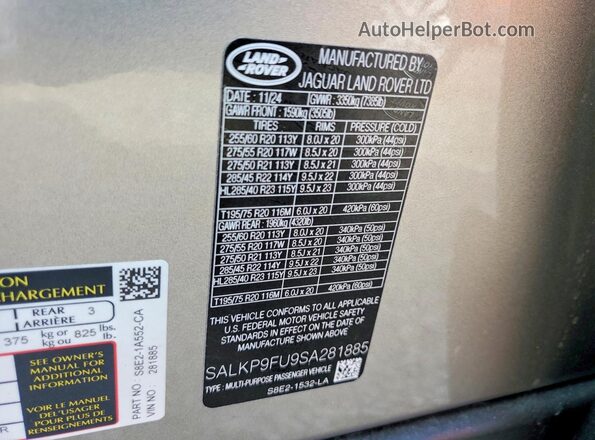 SALKP9FU9SA281885 2025 LAND ROVER RANGE Серый Вид наклейки с VIN-кодом