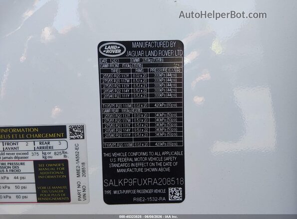 SALKP9FUXRA208518 2024 LAND ROVER RANGE ROVER White Widok komory silnika