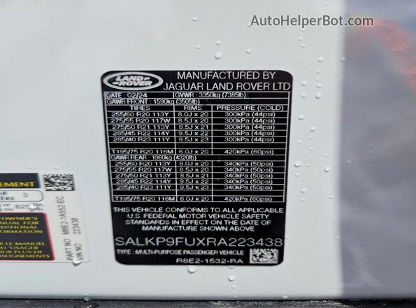 SALKP9FUXRA223438 2024 LAND ROVER RANGE White ძრავის განყოფილების ხედი