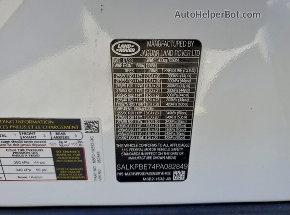 SALKPBE74PA082849 2023 LAND ROVER RANGE White 