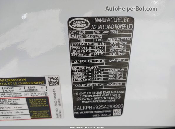 SALKPBE92SA289900 2025 LAND ROVER RANGE ROVER White 