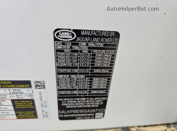 SALKPBE95SA287123 2025 LAND ROVER RANGE White VIN sticker view