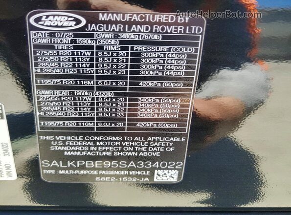 SALKPBE95SA334022 2025 LAND ROVER RANGE Black VIN կոդի պիտակի տեսք