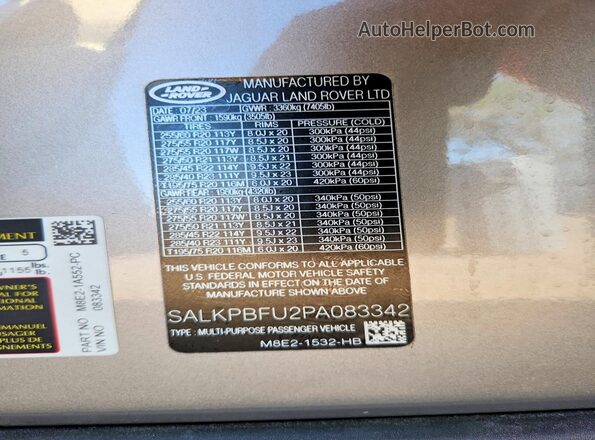 SALKPBFU2PA083342 2023 LAND ROVER RANGE Tan Вид наклейки з VIN-кодом