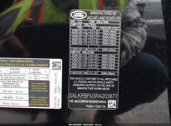 SALKPBFU3RA203877 2024 LAND ROVER RANGE ROVER Black Вид підкапотного простору