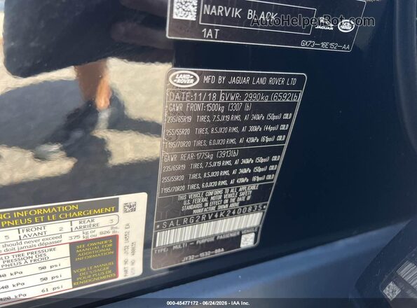 SALRG2RV4K2400835 2019 LAND ROVER DISCOVERY Black ძრავის განყოფილების ხედი