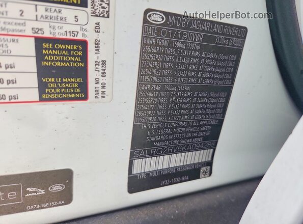SALRG2RV6KA094288 2019 LAND ROVER DISCOVERY White Vista de la etiqueta del VIN