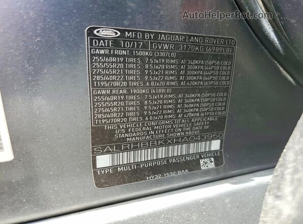 SALRHBBKXHA043950 2017 LAND ROVER DISCOVERY Gray Вид наклейки з VIN-кодом